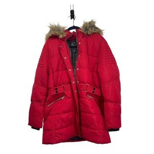 Women's Red Puffer Jacket with Faux Fur Trim